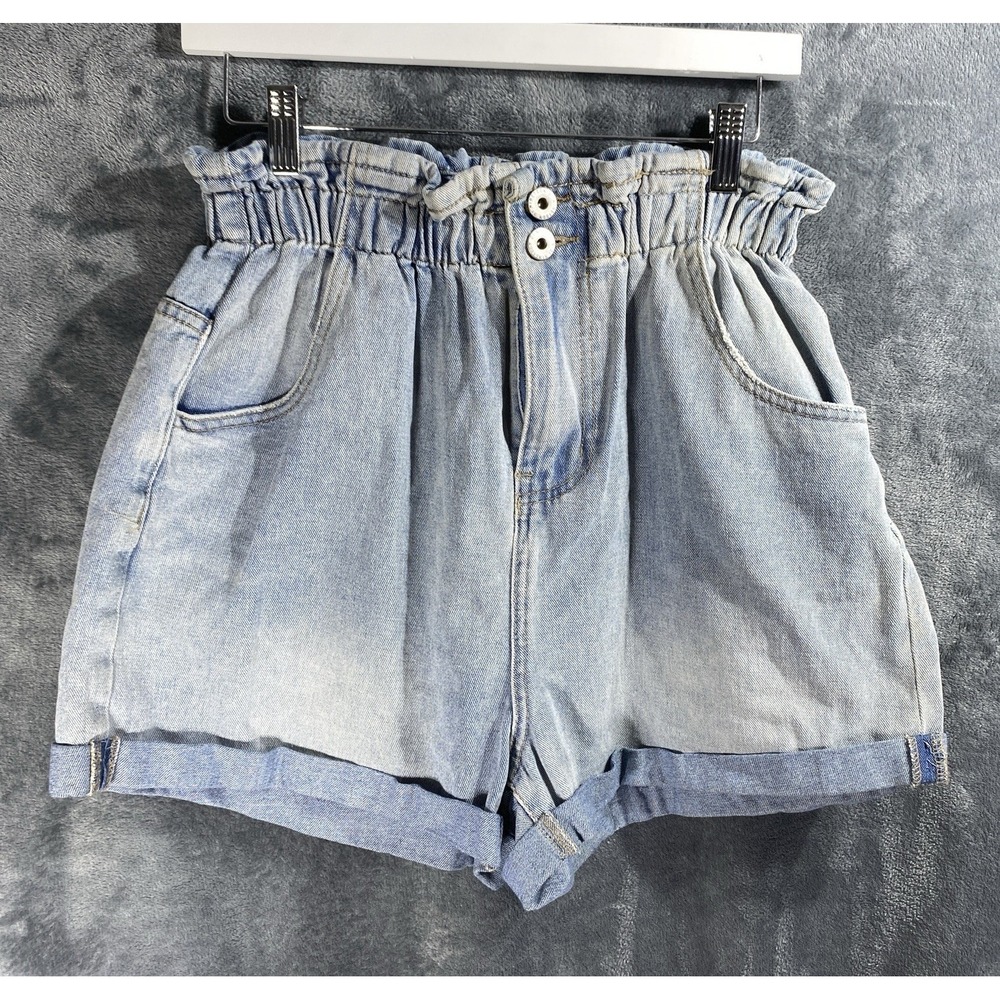 Denim Paperbag Shorts Womens 10 Blue Light Wash High Rise Ombre Fade Cuffed